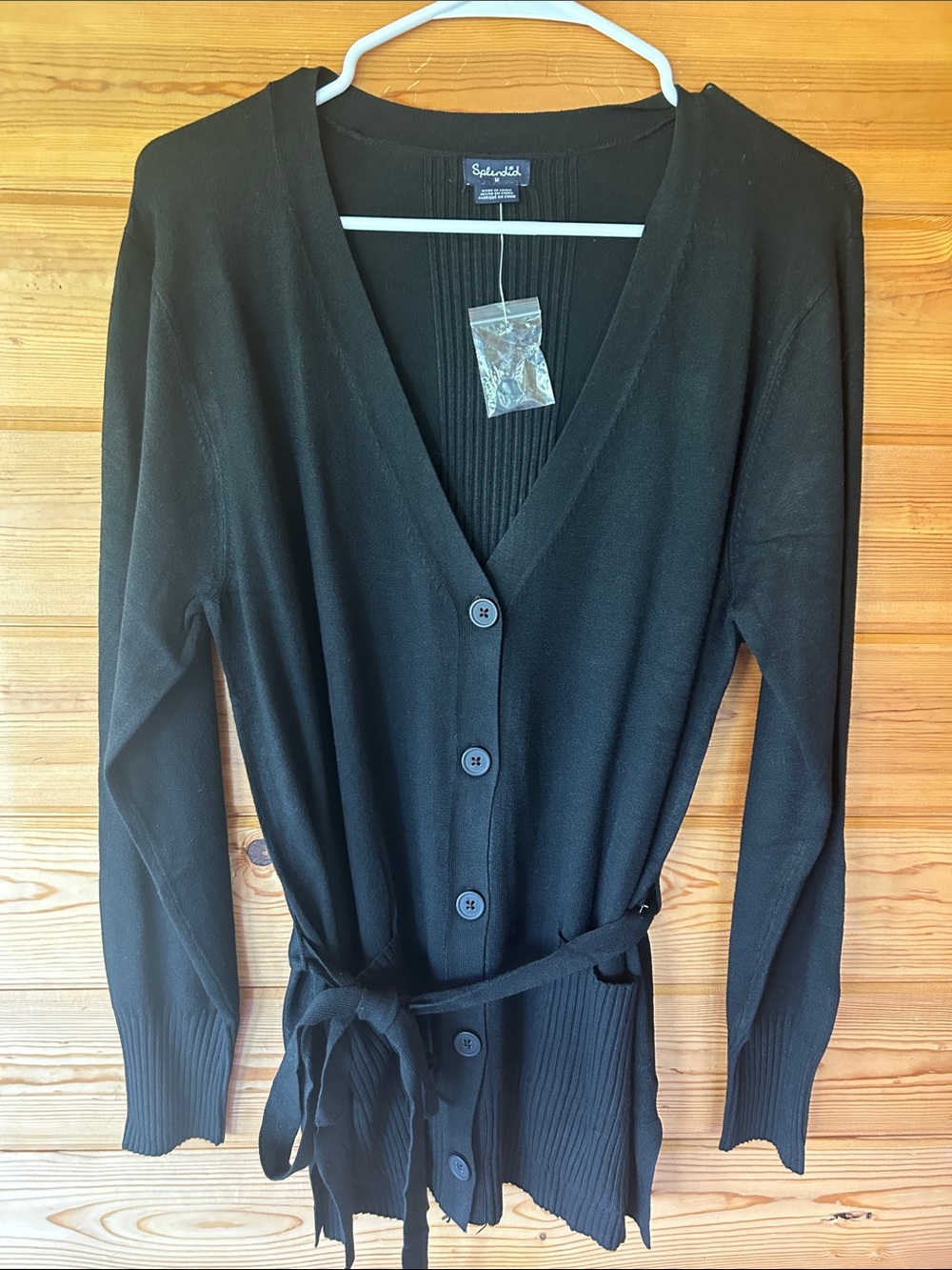 Splendid Black V-Neck Button Front Belted Cardigan